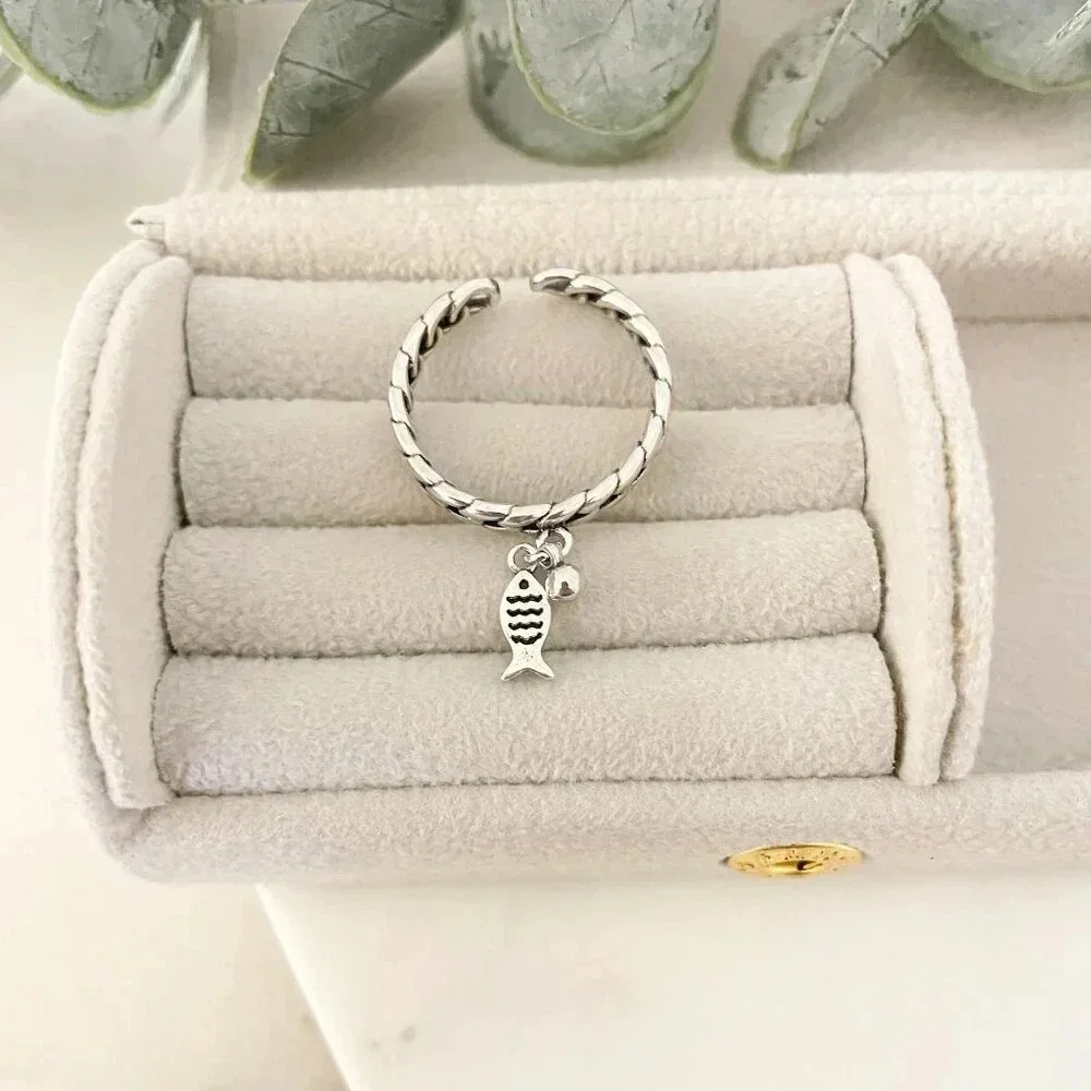 925 Sterling Silver Fish Ring Dangle Fish Ring Dainty Fish Ring Thin Ring Band
